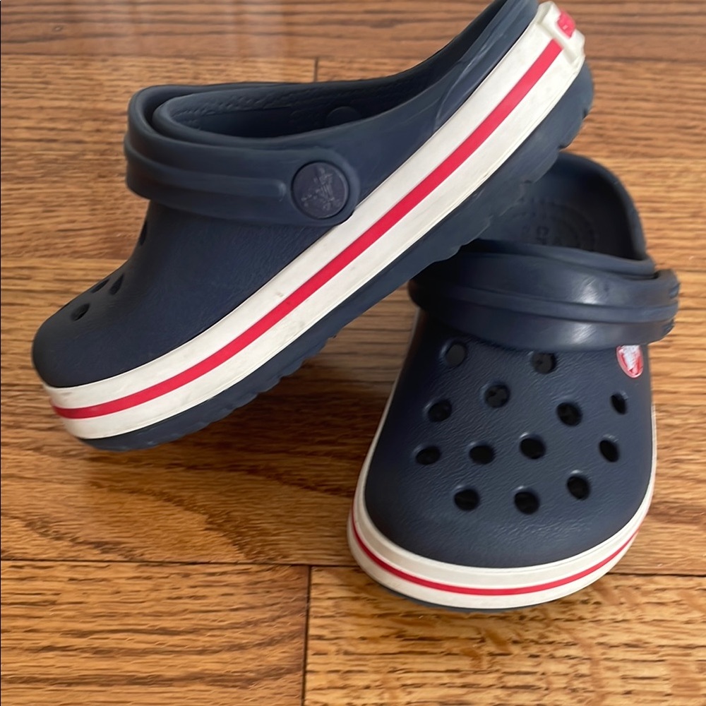 Kids Navy Blue Clogs with Red Stripe